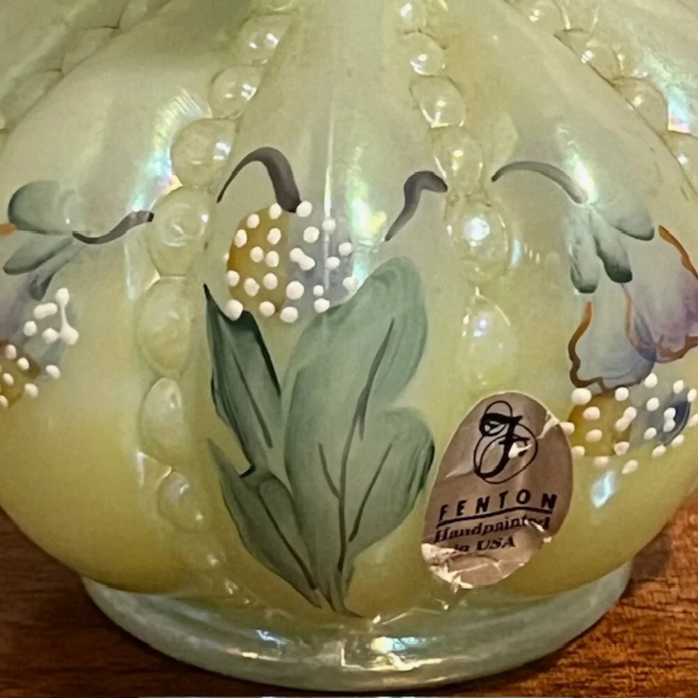 Fenton Iridized Sea Green Beaded Melon Pansies Vase Signed Frank & Tom Fenton